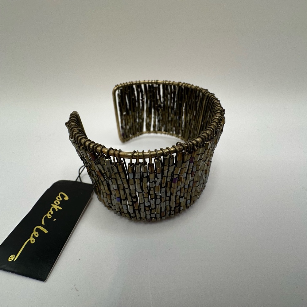 Cookie Lee Glass Bead Cuff Bracelet Wide Statement Bronze Gold Tone Boho Glam
